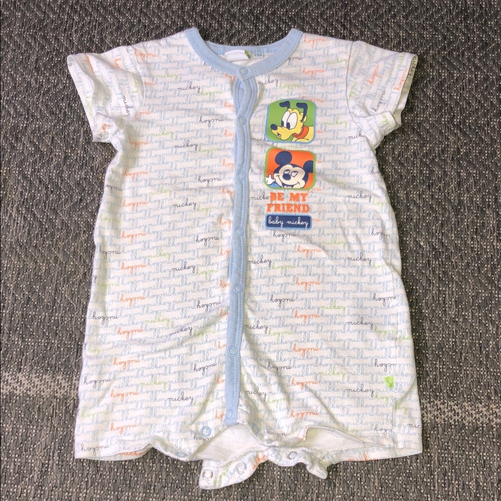 Disney Baby White Romper with Blue Trim and Multicolor Print